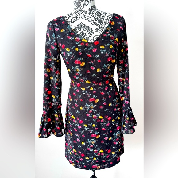 Club Monaco Gustano Dress Black Grand Floral Print Bell Sleeve Sheer pattern 00 - Picture 1 of 8